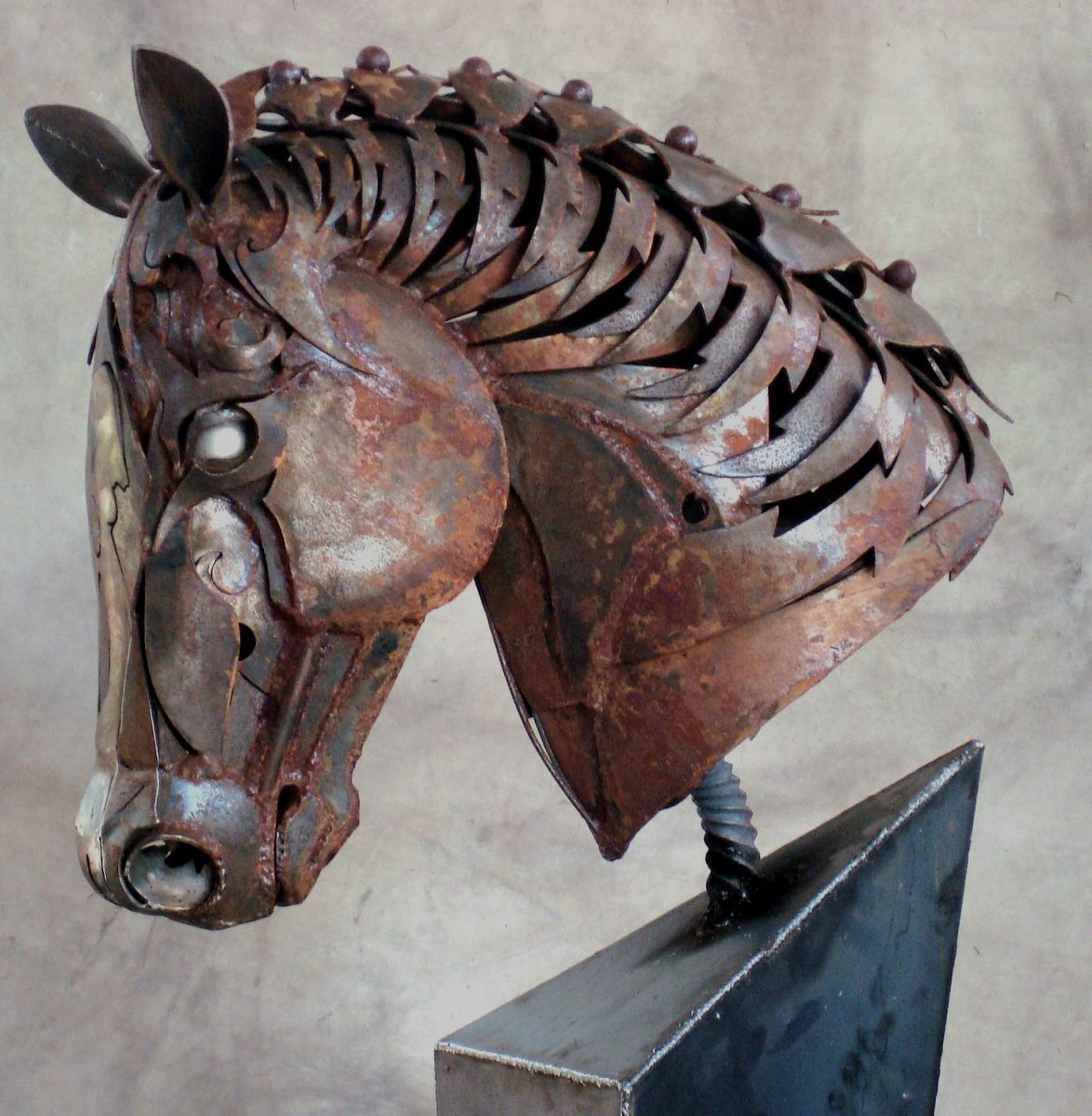 metal horse head statue art